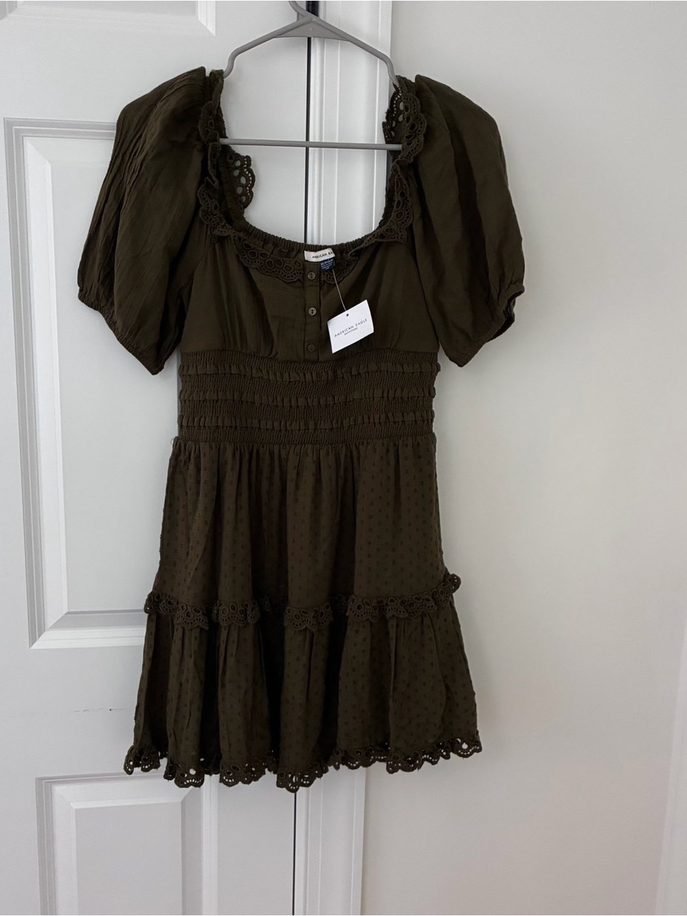 American Eagle Outfitters Olive Green Eyelet Trim Mini Dress